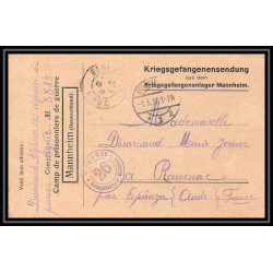 7038/ carte de Prisonnier de Guerre (War) 1914/1918 Kriegsgefangenen mannheim pour Rouvenac Aude 1917 