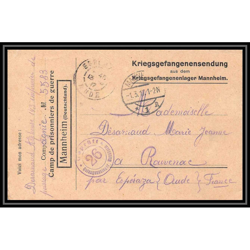 7038/ carte de Prisonnier de Guerre (War) 1914/1918 Kriegsgefangenen mannheim pour Rouvenac Aude 1917 