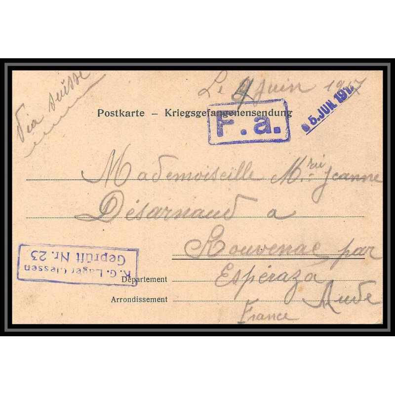 7043/ carte de Prisonnier de Guerre (War) 1914/1918 Kriegsgefangenen giessen pour Rouvenac Aude 1917 