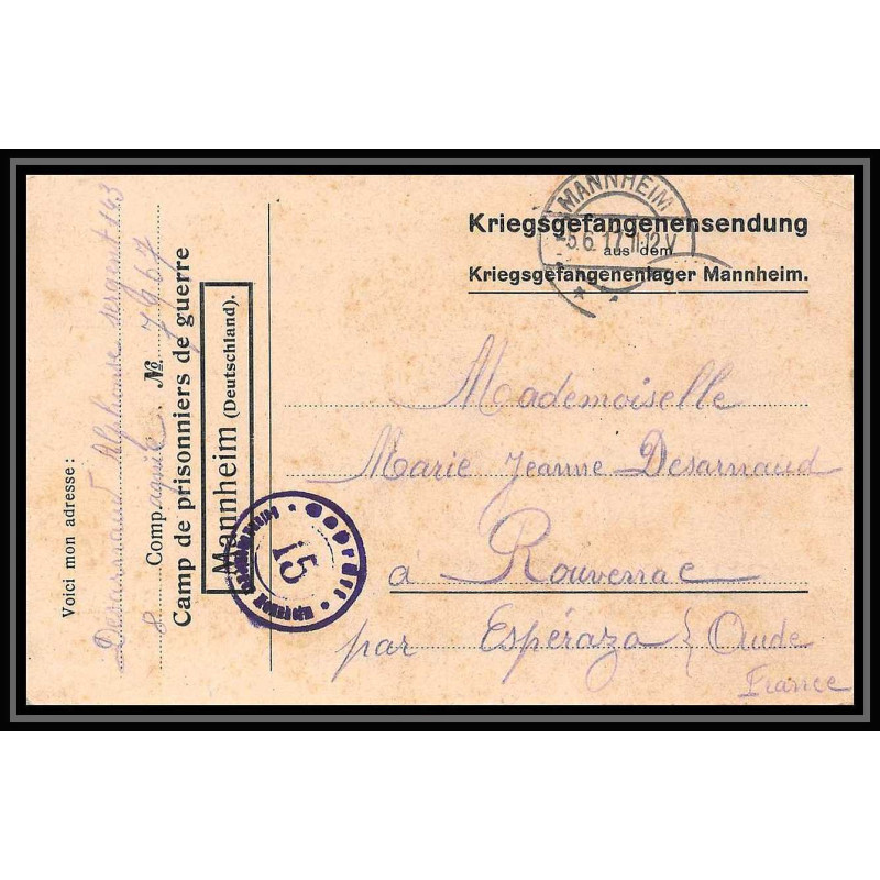 7044/ carte de Prisonnier de Guerre (War) 1914/1918 Kriegsgefangenen mannheim pour Rouvenac Aude 1917 