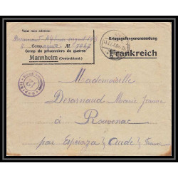 7047/ carte de Prisonnier de Guerre (War) 1914/1918 Kriegsgefangenen mannheim pour Rouvenac Aude 1917 + courrier 