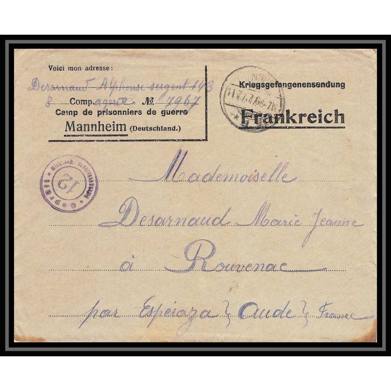 7047/ carte de Prisonnier de Guerre (War) 1914/1918 Kriegsgefangenen mannheim pour Rouvenac Aude 1917 + courrier 