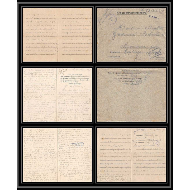 7049/ carte de Prisonnier de Guerre (War) 1914/1918 Kriegsgefangenen giessen pour Rouvenac Aude 1917 + courrier