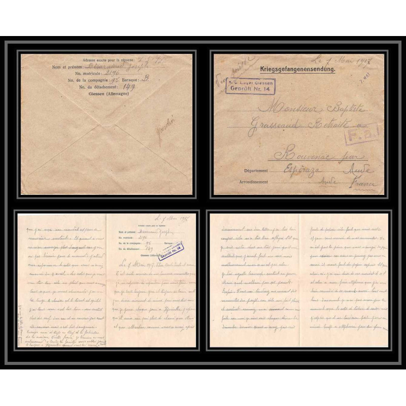 7052/ carte de Prisonnier de Guerre (War) 1914/1918 Kriegsgefangenen giessen pour Rouvenac Aude 1917 + courrier
