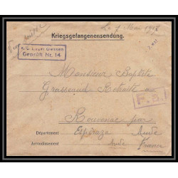 7052/ carte de Prisonnier de Guerre (War) 1914/1918 Kriegsgefangenen giessen pour Rouvenac Aude 1917 + courrier