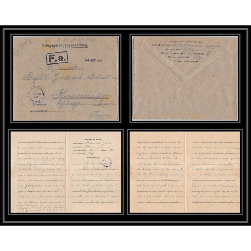 7056/ carte de Prisonnier de Guerre (War) 1914/1918 Kriegsgefangenen giessen pour Rouvenac Aude 1917 + courrier 