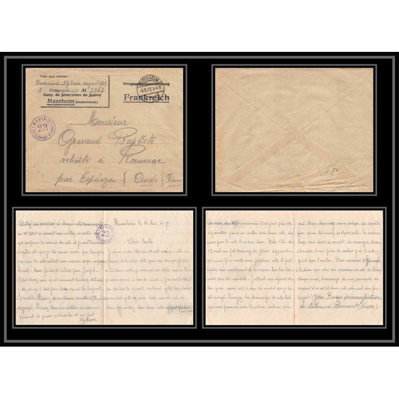 7058/ carte de Prisonnier de Guerre (War) 1914/1918 Kriegsgefangenen mannheim pour Rouvenac Aude 1917 + courrier 