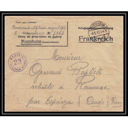 7058/ carte de Prisonnier de Guerre (War) 1914/1918 Kriegsgefangenen mannheim pour Rouvenac Aude 1917 + courrier 