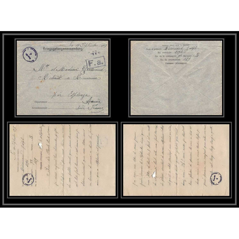 7061/ carte de Prisonnier de Guerre (War) 1914/1918 Kriegsgefangenen giessen pour Rouvenac Aude 1917 + courrier 