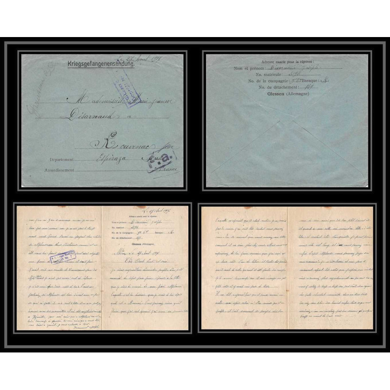 7063/ carte de Prisonnier de Guerre (War) 1914/1918 Kriegsgefangenen giessen pour Rouvenac Aude 1917 + courrier