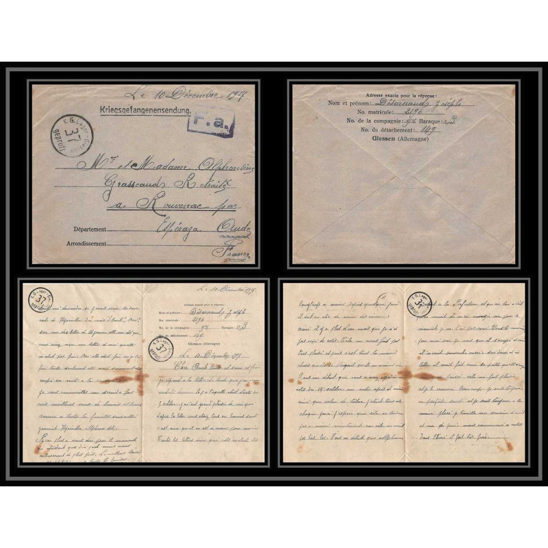 7075/ carte de Prisonnier de Guerre (War) 1914/1918 Kriegsgefangenen giessen pour Rouvenac Aude 1917 + courrier 