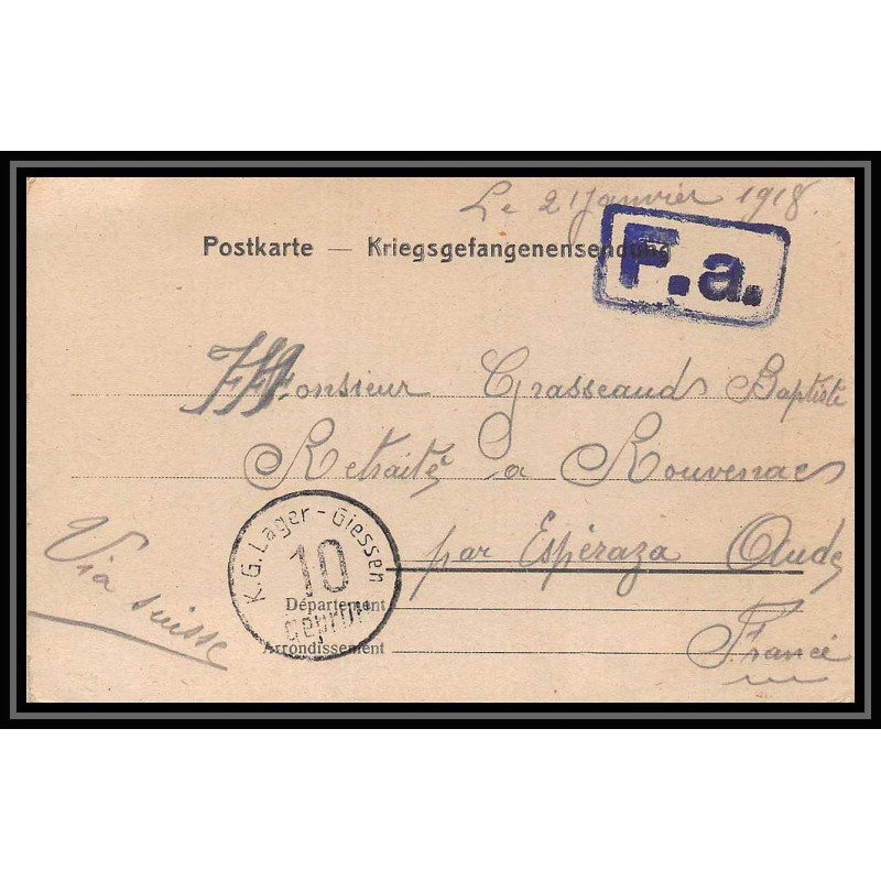 7081/ carte de Prisonnier de Guerre (War) 1914/1918 Kriegsgefangenen giessen pour Rouvenac Aude 1918 