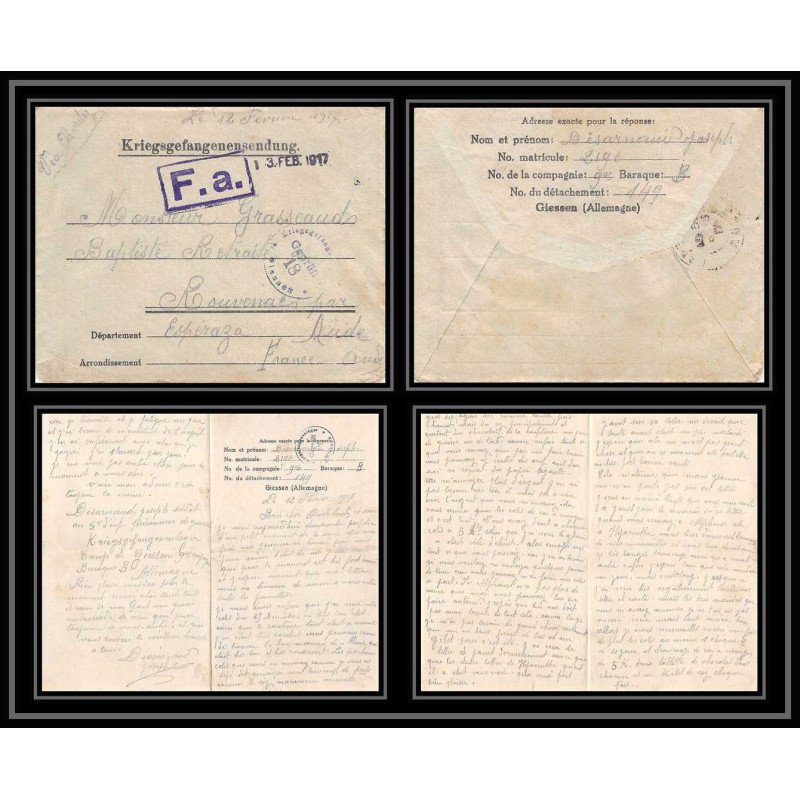 7084/ carte de Prisonnier de Guerre (War) 1914/1918 Kriegsgefangenen giessen pour Rouvenac Aude 1917 + courrier 