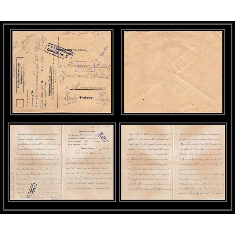 7090/ carte de Prisonnier de Guerre (War) 1914/1918 Kriegsgefangenen giessen pour Rouvenac Aude 1917 + courrier 