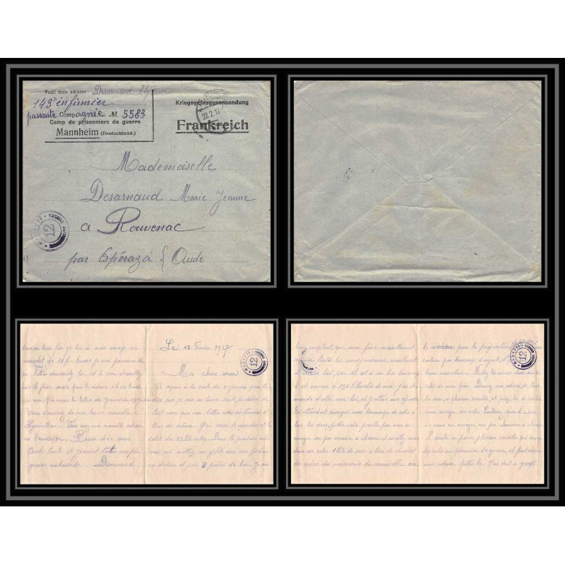 7097/ carte de Prisonnier de Guerre (War) 1914/1918 Kriegsgefangenen mannheim pour Rouvenac Aude 1917 + courrier 