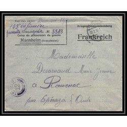 7097/ carte de Prisonnier de Guerre (War) 1914/1918 Kriegsgefangenen mannheim pour Rouvenac Aude 1917 + courrier 