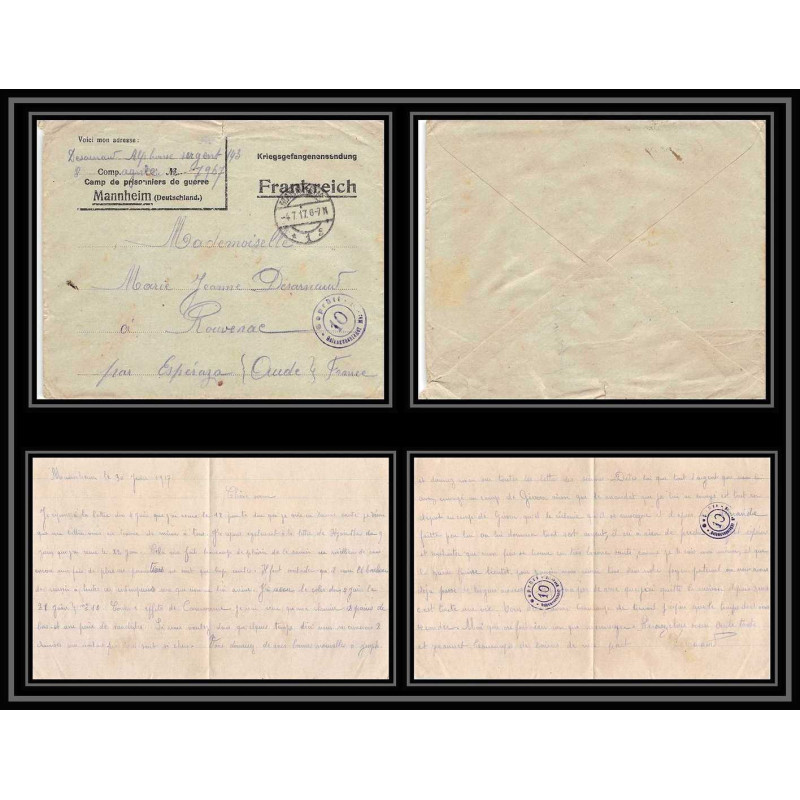 7103/ carte de Prisonnier de Guerre (War) 1914/1918 Kriegsgefangenen mannheim pour Rouvenac Aude 1917 + courrier