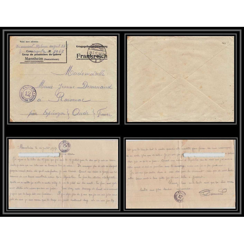 7105/ carte de Prisonnier de Guerre (War) 1914/1918 Kriegsgefangenen mannheim pour Rouvenac Aude 1917 + courrier 