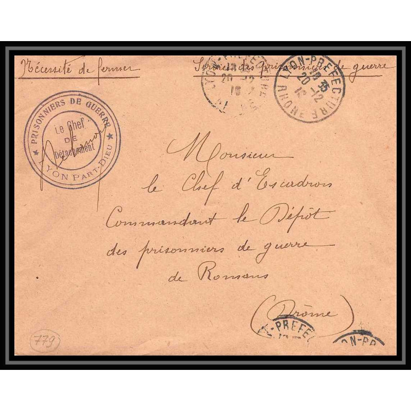 7143/ carte de Prisonnier de Guerre (War) 1914/1918 lyon part-dieu rhone Pour Romans Drome 1916 