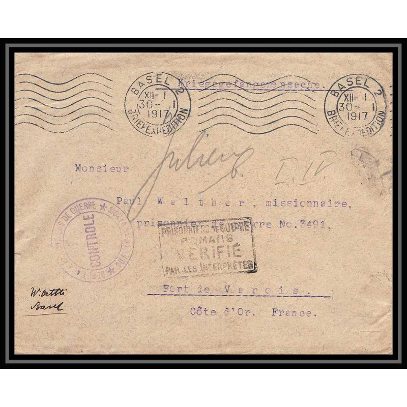 7145/ carte de Prisonnier de Guerre (War) 1914/1918 basel Suisse (Swiss) Pour Romans fort de varois cote d'or 1917 