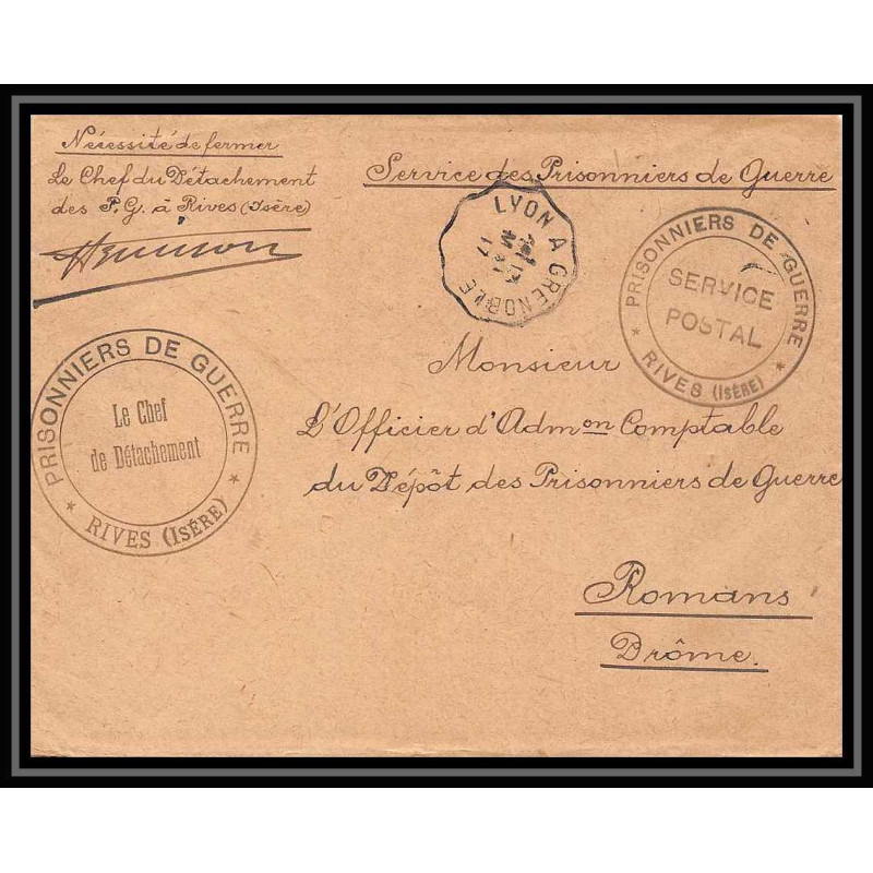 7171/ carte de Prisonnier de Guerre (War) 1914/1918 rives isère Pour Romans Drome 1917 convoyeur lyon à grenoble 