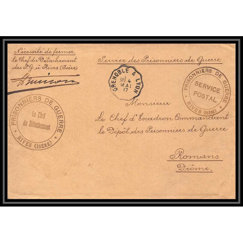 7173/ carte de Prisonnier de Guerre (War) 1914/1918 rives isère Pour Romans Drome 1917 convoyeur grenoble à lyon 