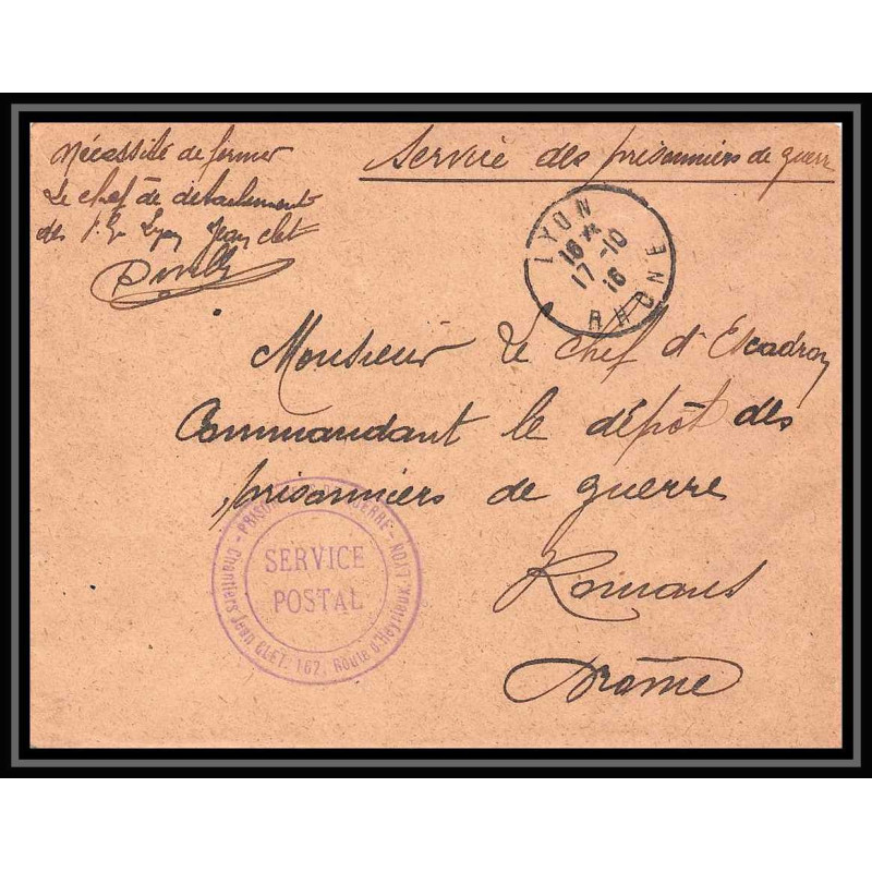 7182/ carte de Prisonnier de Guerre (War) 1914/1918 lyon monplaisir chantiers jean clet Pour Romans Drome 1916 