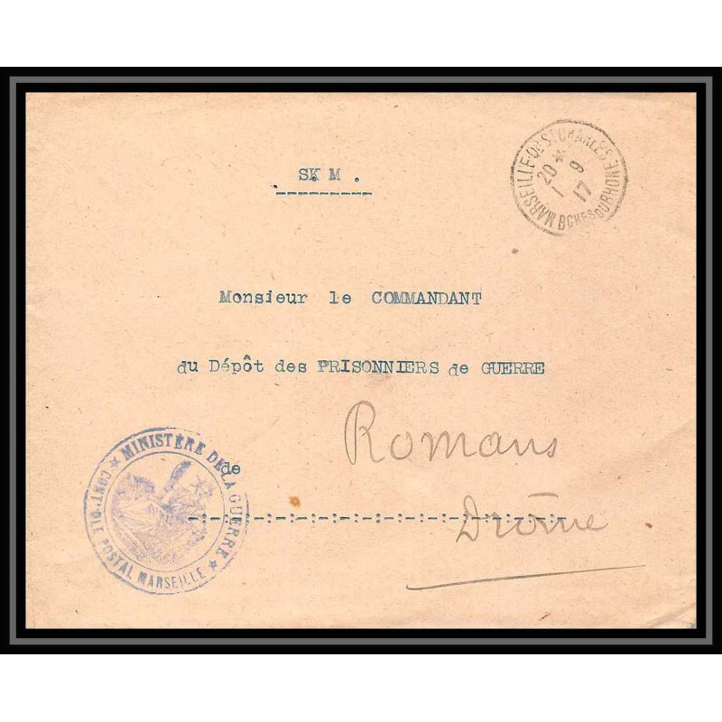 7183/ carte de Prisonnier de Guerre (War) 1914/1918 marseille ministère de la guerre Pour Romans Drome 1917 