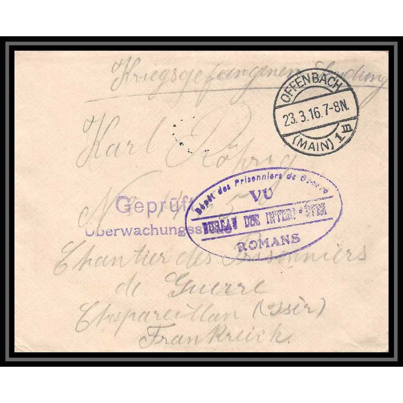 7187/ carte de Prisonnier de Guerre (War) 1914/1918 Kriegsgefangenen offenbach pour Romans Drome 1916 censure
