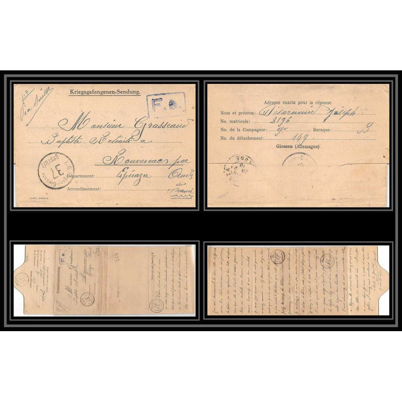 7219/ carte de Prisonnier de Guerre (War) 1914/1918 Kriegsgefangenen giessen pour Rouvenac Aude 1918