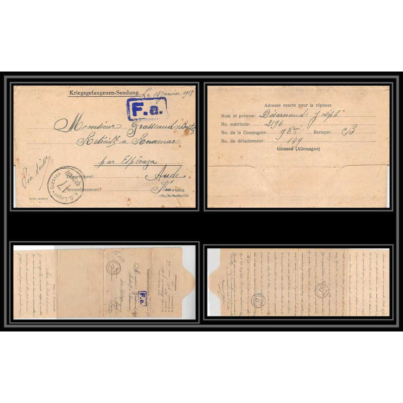 7221/ carte de Prisonnier de Guerre (War) 1914/1918 Kriegsgefangenen giessen pour Rouvenac Aude 1918