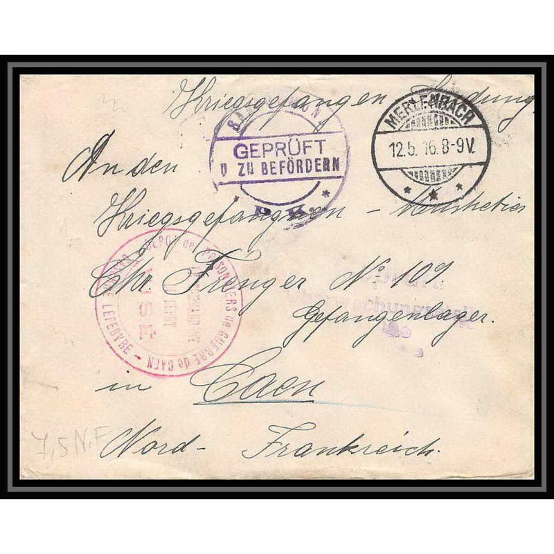 Lettre 1 2801 Prisonniers de Guerre Kriegsgefangenen war 1914/1918 censuré Saargemünd Merlenbach p Caen calvados 1916