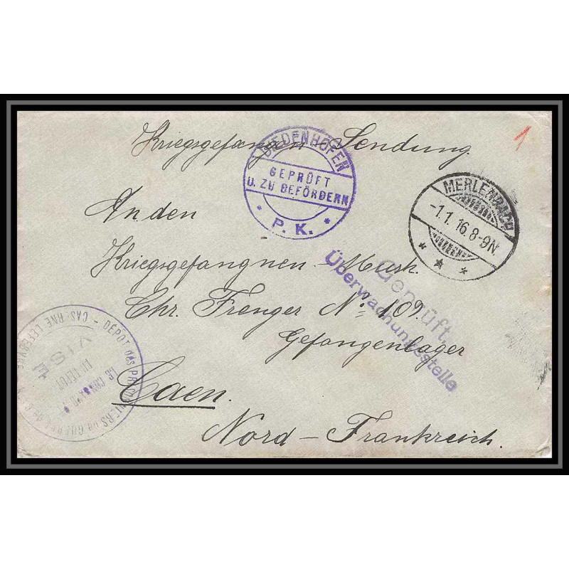 Lettre 1 2805 Prisonniers de Guerre Kriegsgefangenen war 1914/1918 censuré Diedenhofen Merlenbach p Caen calvados 1916