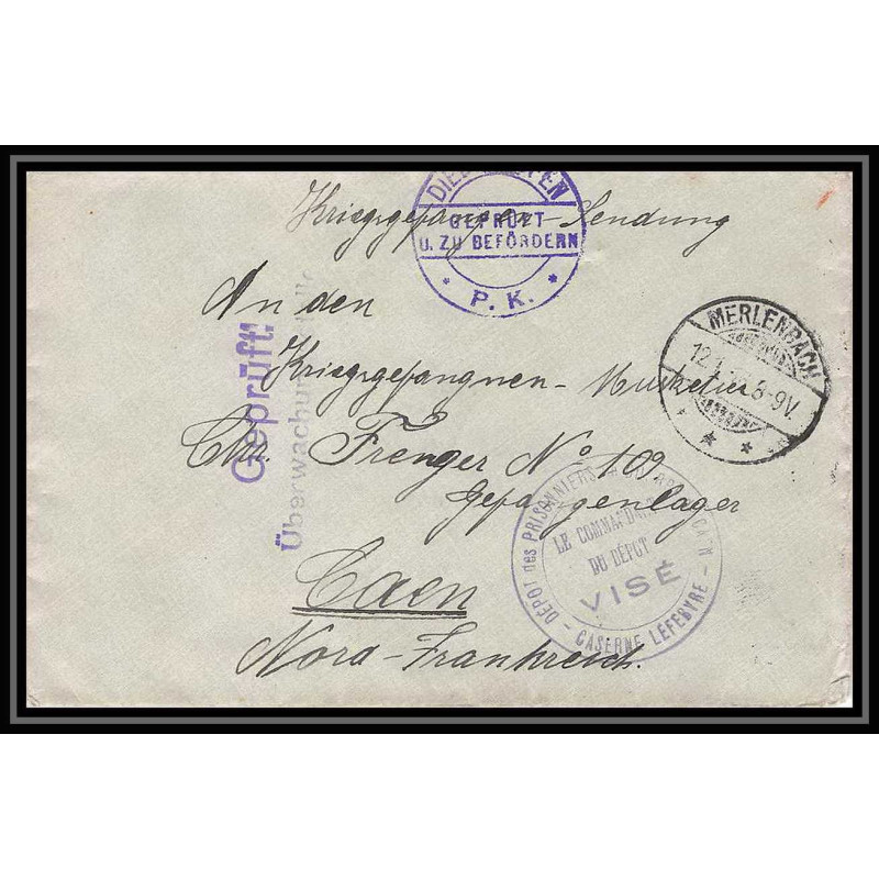 Lettre 1 2808 Prisonniers de Guerre Kriegsgefangenen war 1914/1918 censuré Diedenhofen Merlenbach p Caen calvados 1916