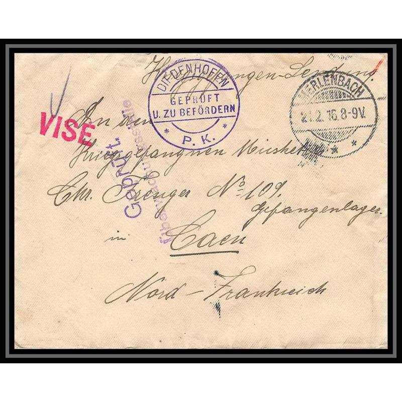 Lettre 1 2812 Prisonniers de Guerre Kriegsgefangenen war 1914/1918 censuré Diedenhofen Merlenbach p Caen calvados 1916