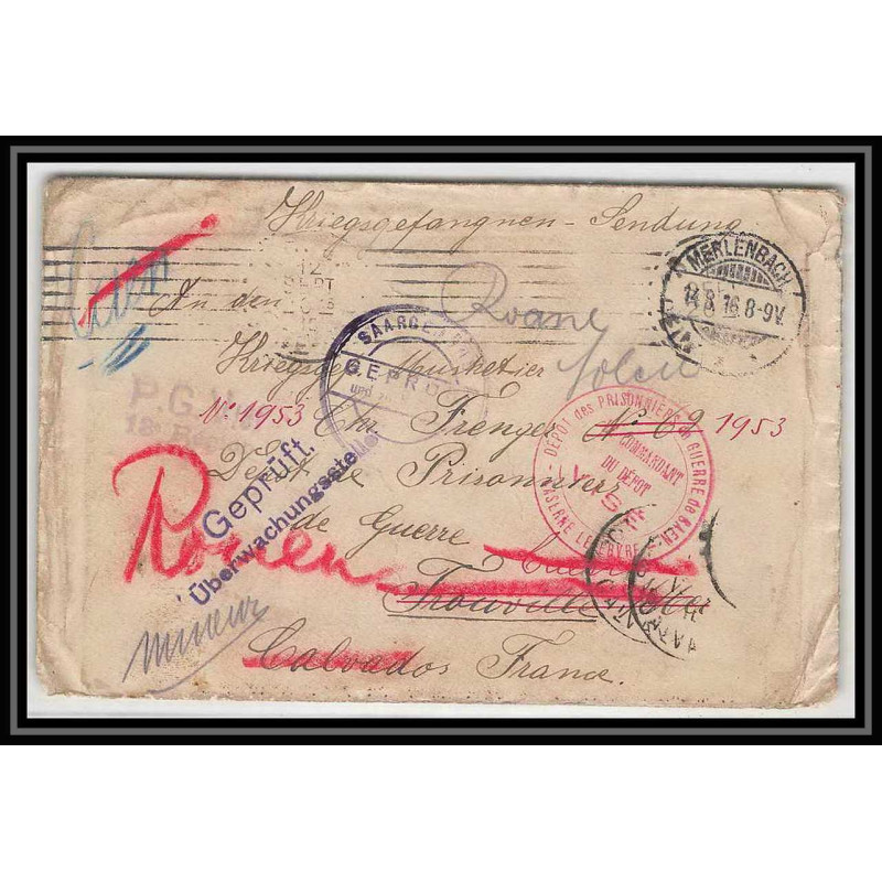 Lettre 1 2816 Prisonniers de Guerre Kriegsgefangenen war censuré Saargemünd Merlenbach Franceville calvados1916