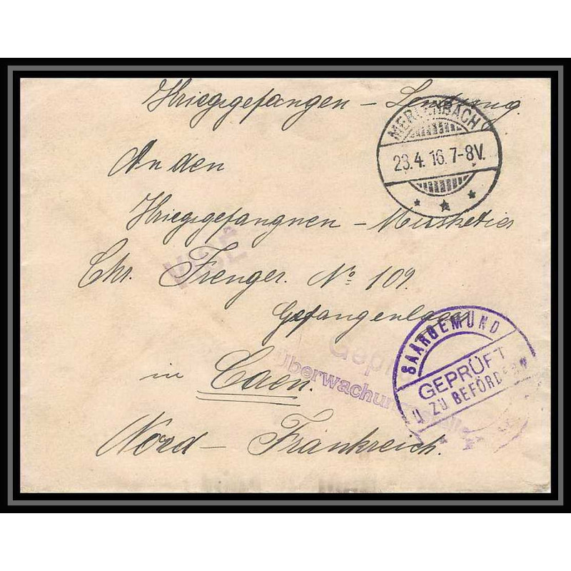 Lettre 1 2817 Prisonniers de Guerre Kriegsgefangenen war 1914/1918 censuré Saargemünd Merlenbach p Caen calvados 1916