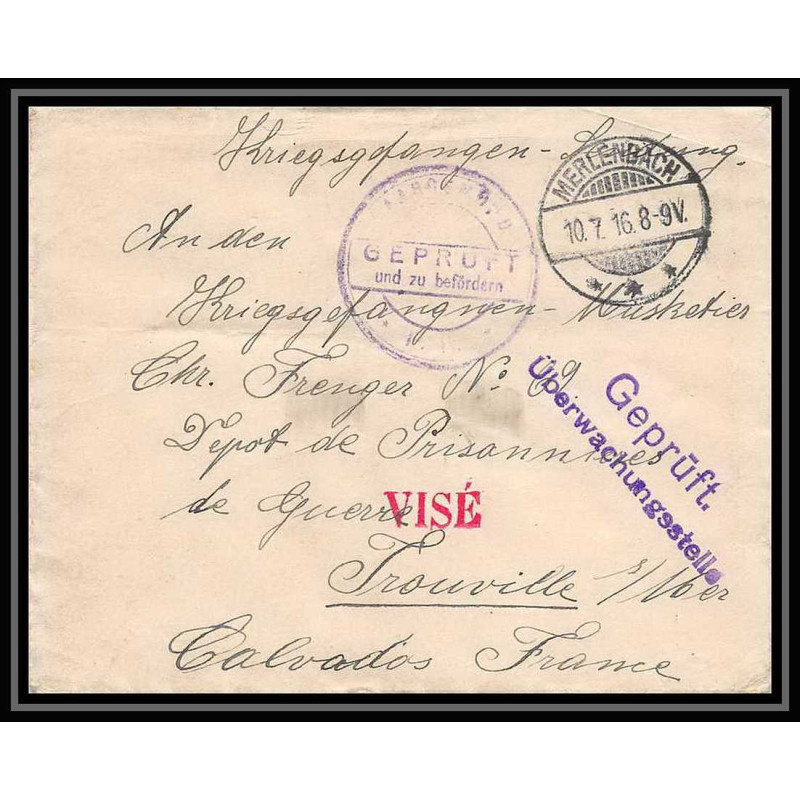 Lettre 1 2827 Prisonniers de Guerre Kriegsgefangenen war 1914/1918 censuré Saargemünd Merlenbach Trouville calvados 1916