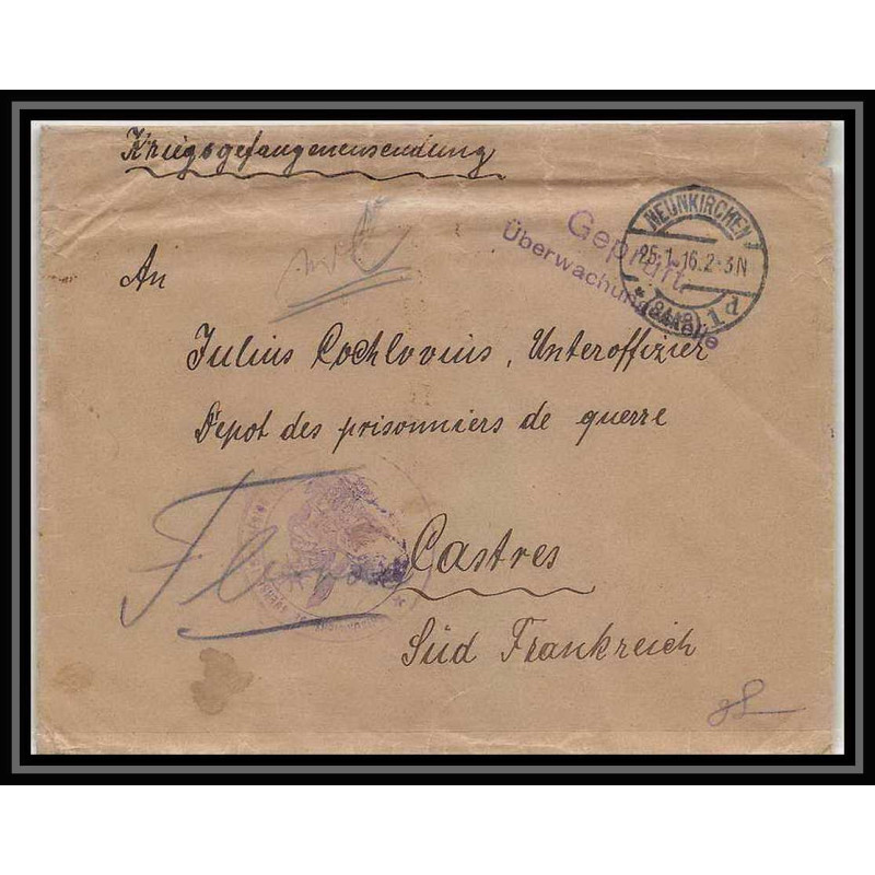 Lettre 1 2828 Prisonniers de Guerre Kriegsgefangenen war 1914/1918 censuré Neunkirchen pour Castres Tarn 1916