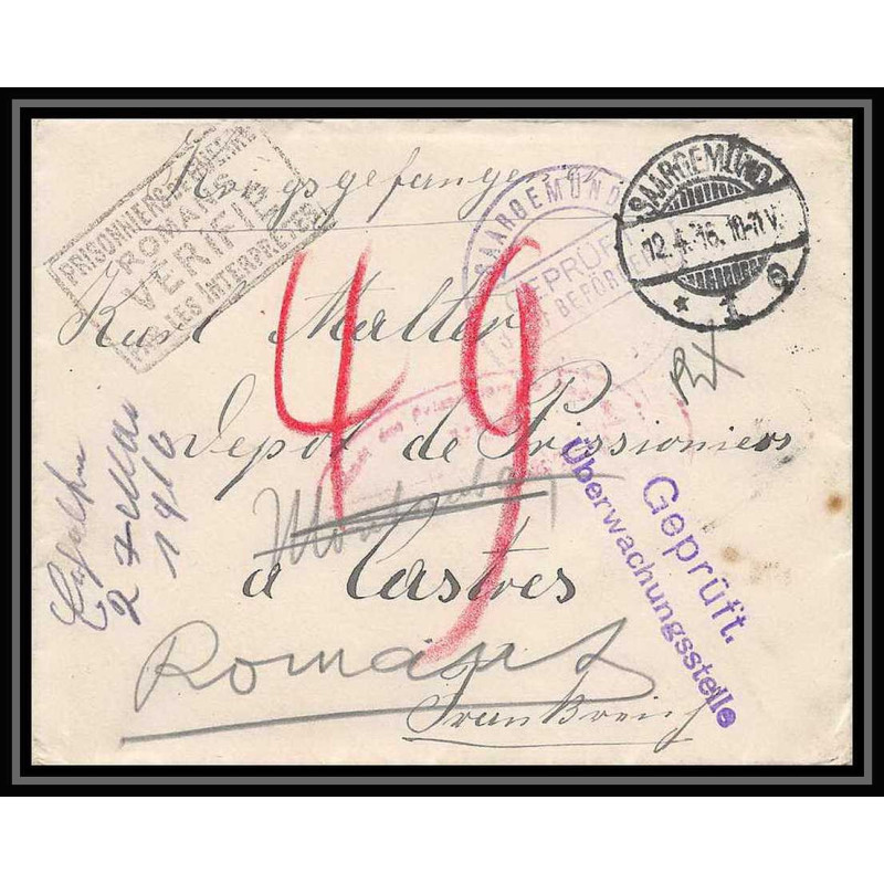 Lettre 1 2835 Prisonniers de Guerre Kriegsgefangenen war 1914/1918 censuré à romans Saargemünd p Castres Tarn 1916