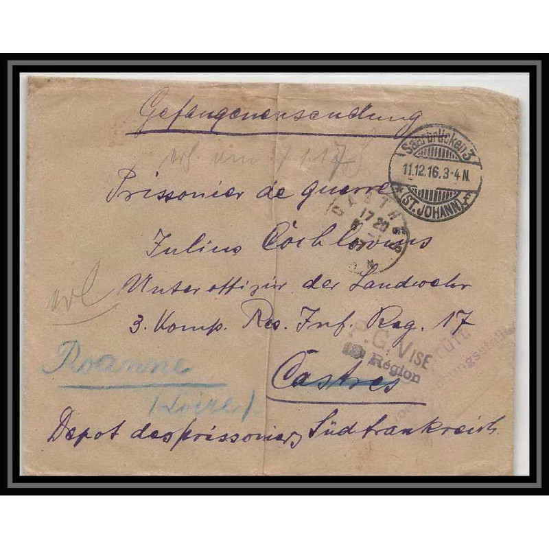 Lettre 1 2848 Prisonniers de Guerre Kriegsgefangenen war 1914/1918 censuré Saarbrucken pour Roanne Loire 1916