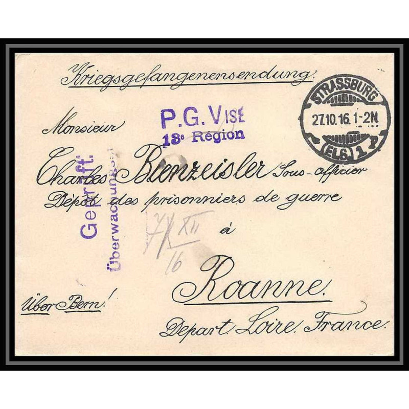 Lettre 1 2852 Prisonniers de Guerre Kriegsgefangenen war 1914/1918 censuré Strasbourg p Roanne Loire 1916
