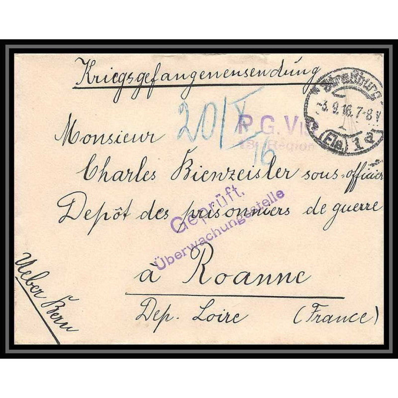 Lettre 1 2864 Prisonniers de Guerre Kriegsgefangenen war 1914/1918 censuré Strasbourg p Roanne Loire 1916