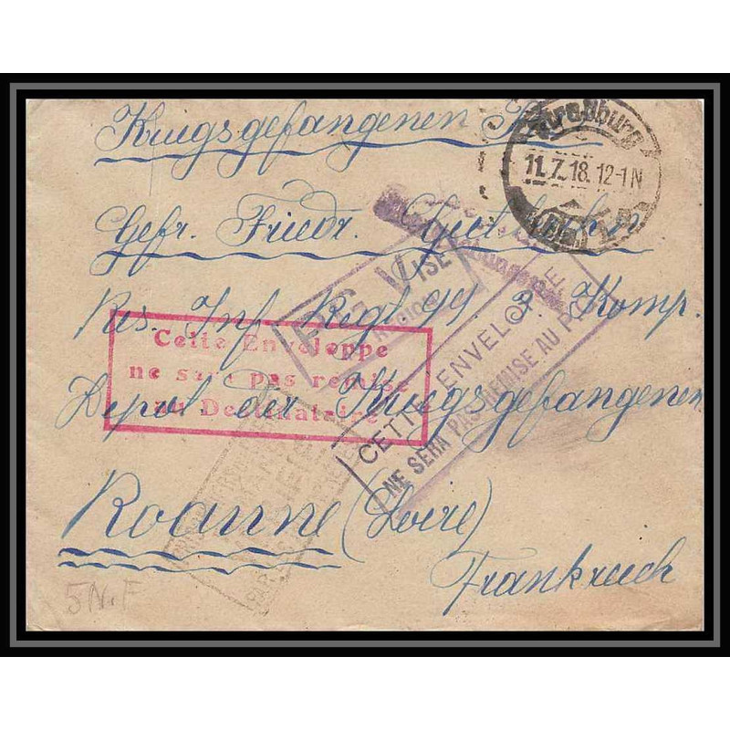 Lettre 1 2865 Prisonniers de Guerre Kriegsgefangenen war 1914/1918 censuré Strasbourg p Roanne Loire 1918