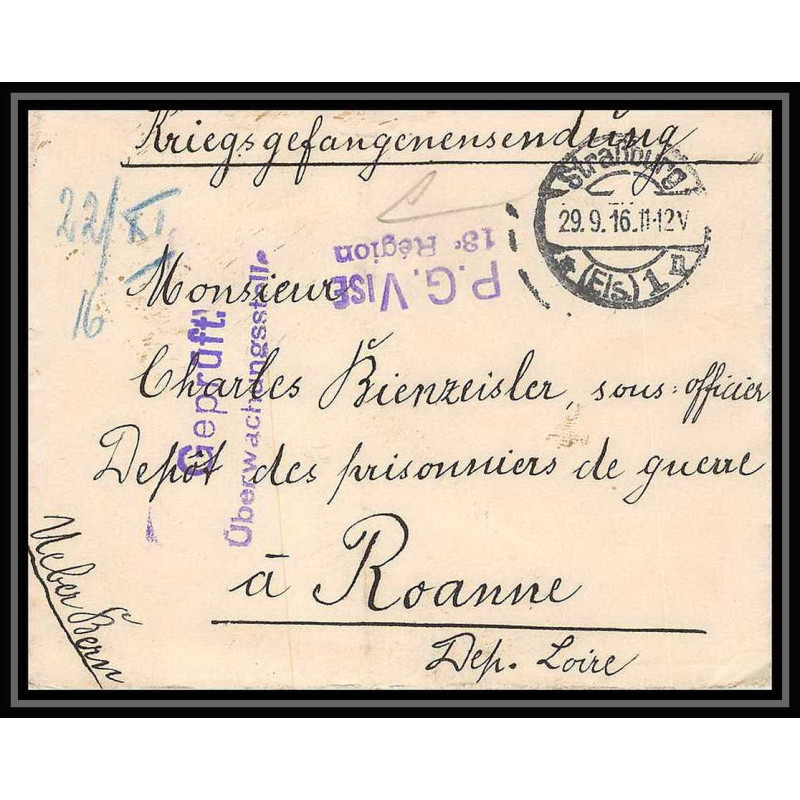Lettre 1 2866 Prisonniers de Guerre Kriegsgefangenen war 1914/1918 censuré Strasbourg p Roanne Loire 1916