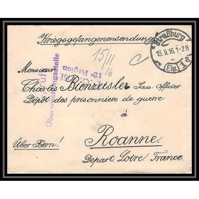 Lettre 1 2868 Prisonniers de Guerre Kriegsgefangenen war 1914/1918 censuré Strasbourg p Roanne Loire 1916