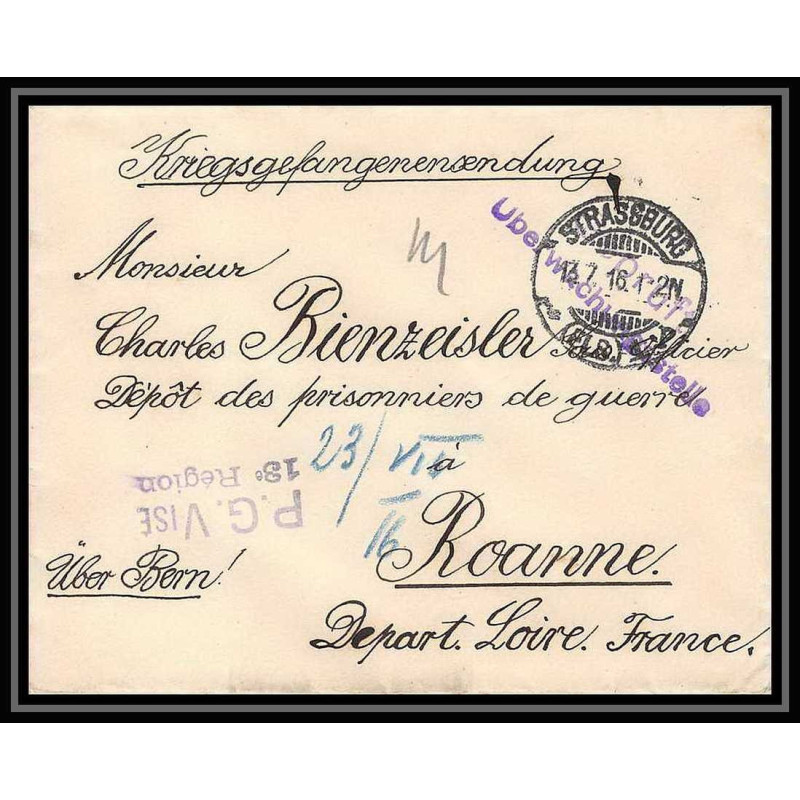 Lettre 1 2873 Prisonniers de Guerre Kriegsgefangenen war 1914/1918 censuré Strasbourg p Roanne Loire 1916