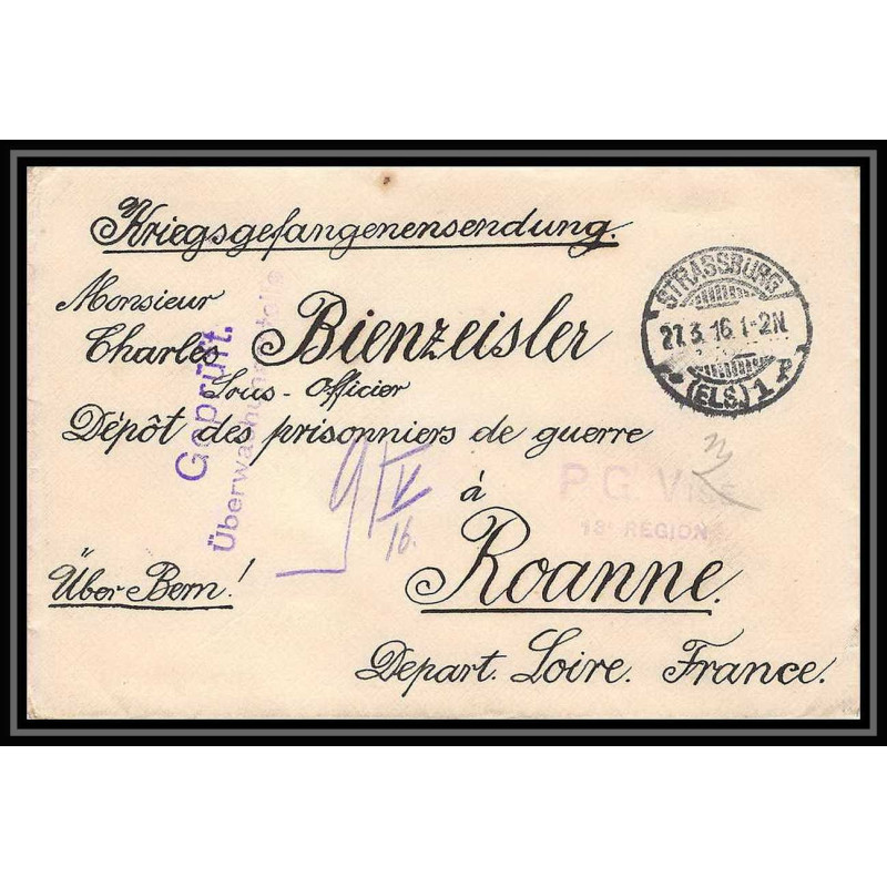 Lettre 1 2876 Prisonniers de Guerre Kriegsgefangenen war 1914/1918 censuré Strasbourg p Roanne Loire 1916