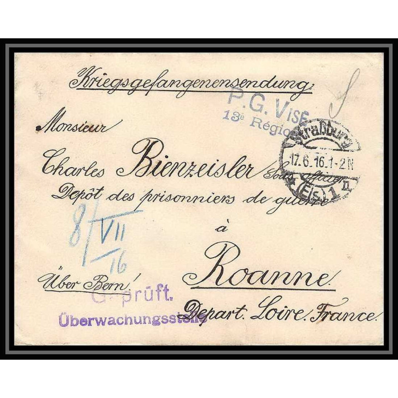 Lettre 1 2882 Prisonniers de Guerre Kriegsgefangenen war 1914/1918 censuré Strasbourg pour Roanne Loire 1916