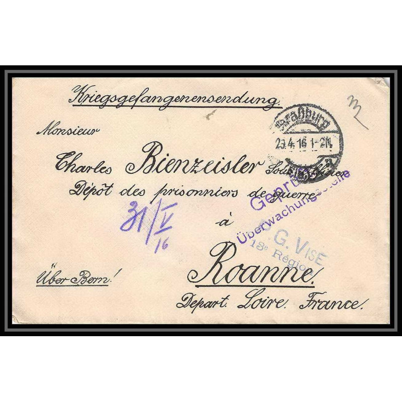 Lettre 1 2884 Prisonniers de Guerre Kriegsgefangenen war 1914/1918 censuré Strasbourg pour Roanne Loire 1916